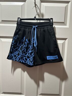 Kill Crew Muay Thai Flame Shorts Mid Thigh in Black/Light Blue Flame Accent